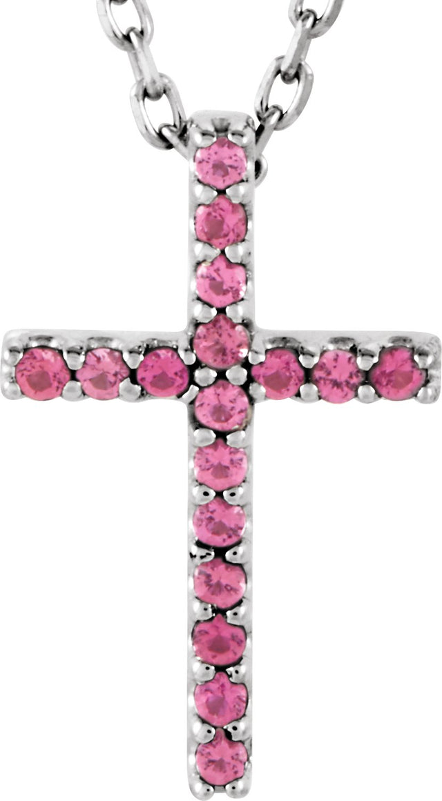 14K Gold Round Natural Pink Tourmaline Petite Cross Necklace or Pendant - White Gold