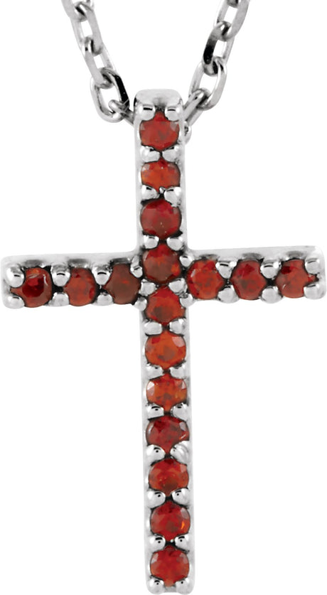 14K Gold Round Natural Mozambique Garnet Petite Cross Necklace or Pendant - White Gold