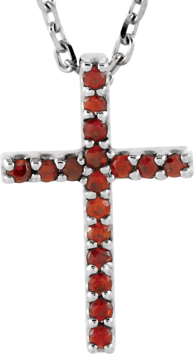 14K Gold Round Natural Mozambique Garnet Petite Cross Necklace or Pendant - White Gold
