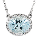 14K Gold Oval Natural Aquamarine Halo-Style Necklace - White Gold