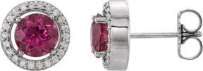 14K Gold Round Natural Pink Tourmaline Halo-Style Earrings - White Gold