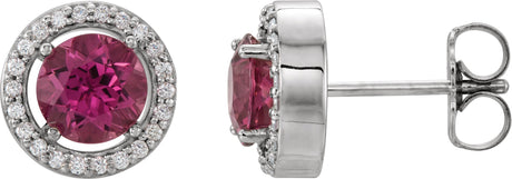 14K Gold Round Natural Pink Tourmaline Halo-Style Earrings - White Gold