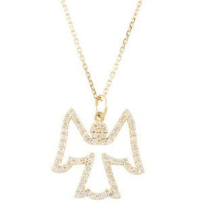 14K Gold Round Natural Diamond Angel Necklace - Yellow Gold