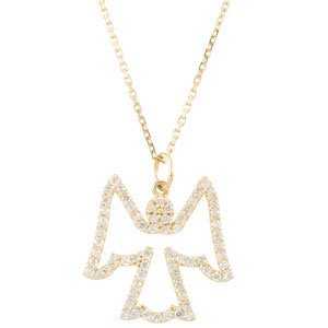 14K Gold Round Natural Diamond Angel Necklace - Yellow Gold