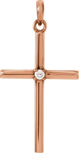 14K Gold Round Natural White Sapphire Birthstone Cross Pendant - Rose Gold
