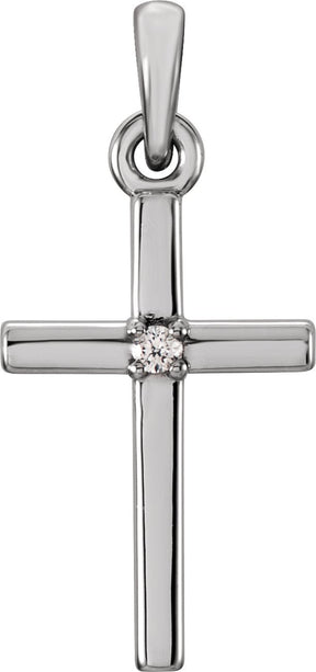 14K Gold Round Natural White Sapphire Birthstone Cross Pendant - White Gold