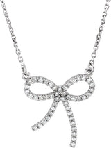 14K Gold Round Natural Diamond Bow Necklace – 1/5 CTW - White Gold