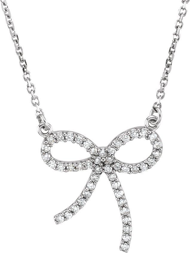 14K Gold Round Natural Diamond Bow Necklace – 1/5 CTW - White Gold