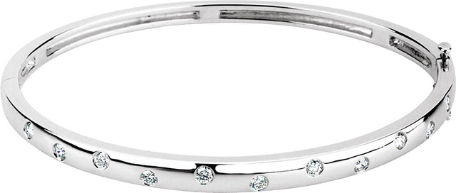 14K Gold Round Natural Diamond Accented Hinged Bangle Bracelet – 2.4mm Stones - White Gold