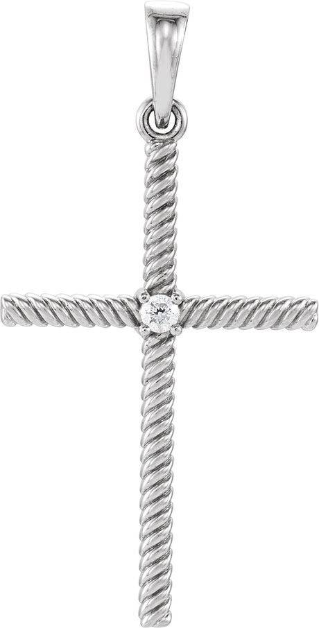 14K Gold Round Natural Diamond Rope Cross Pendant - White Gold
