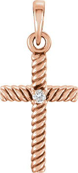 14K Gold Round Natural Diamond Rope Cross Pendant - Rose Gold
