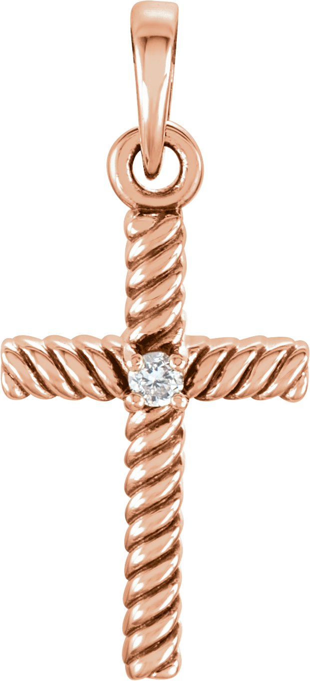 14K Gold Round Natural Diamond Rope Cross Pendant - Rose Gold