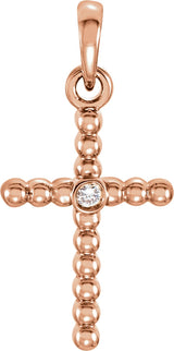 14K Gold Beaded Cross Pendant - Rose Gold