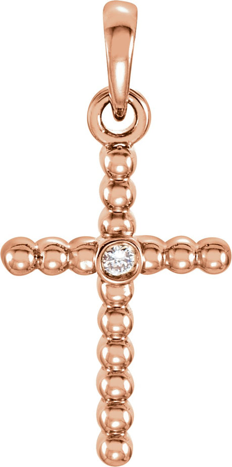14K Gold Beaded Cross Pendant - Rose Gold