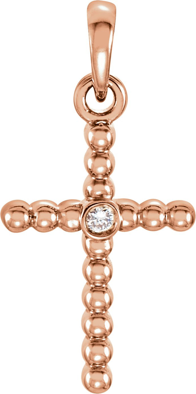 14K Gold Beaded Cross Pendant - Rose Gold