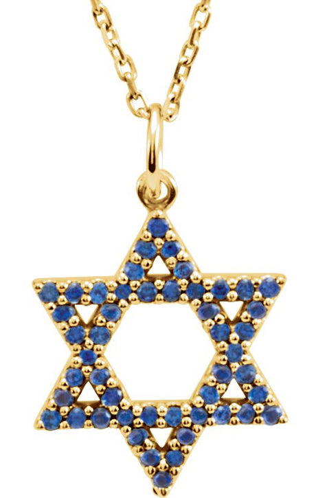 14K Gold Round Natural Blue Sapphire Accented Star of David Necklace or Pendant - Yellow Gold