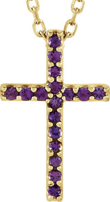 14K Gold Round Natural Amethyst Petite Cross Necklace or Pendant - Yellow Gold