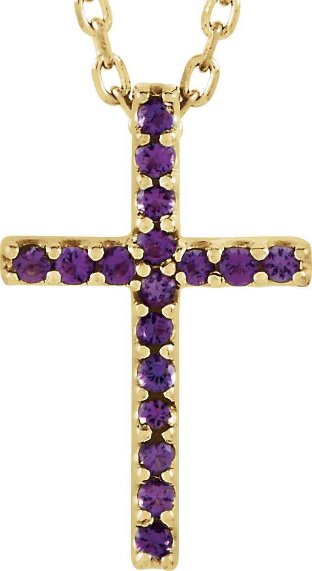14K Gold Round Natural Amethyst Petite Cross Necklace or Pendant - Yellow Gold