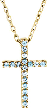 14K Gold Round Natural Aquamarine Petite Cross Necklace or Pendant - Yellow Gold