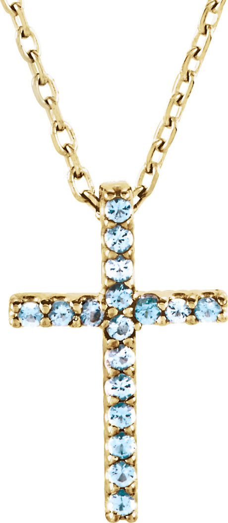 14K Gold Round Natural Aquamarine Petite Cross Necklace or Pendant - Yellow Gold