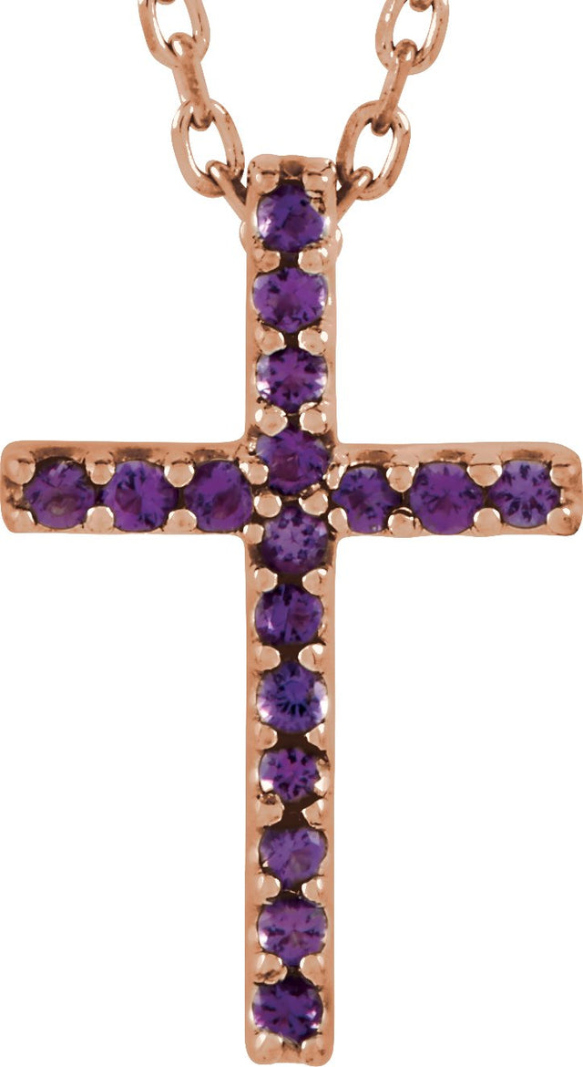 14K Gold Round Natural Amethyst Petite Cross Necklace or Pendant - Rose Gold