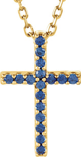 14K Gold Round Natural Blue Sapphire Petite Cross Necklace or Pendant - Yellow Gold