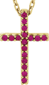 14K Gold Round Natural Ruby Petite Cross Necklace or Pendant - Yellow Gold