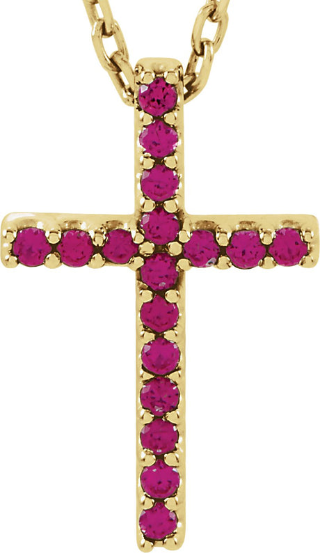 14K Gold Round Natural Ruby Petite Cross Necklace or Pendant - Yellow Gold