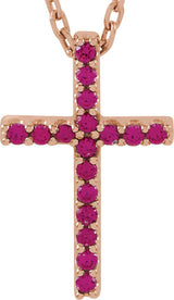 14K Gold Round Natural Ruby Petite Cross Necklace or Pendant - Rose Gold
