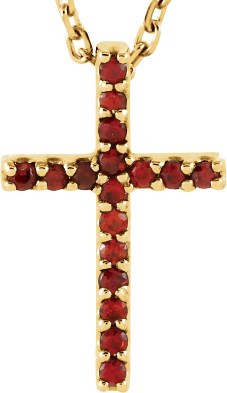 14K Gold Round Natural Mozambique Garnet Petite Cross Necklace or Pendant - Yellow Gold