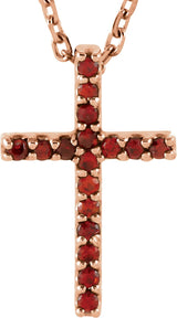14K Gold Round Natural Mozambique Garnet Petite Cross Necklace or Pendant - Rose Gold