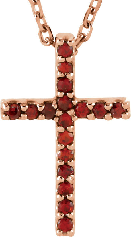 14K Gold Round Natural Mozambique Garnet Petite Cross Necklace or Pendant - Rose Gold