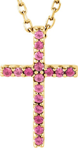 14K Gold Round Natural Pink Tourmaline Petite Cross Necklace or Pendant - Yellow Gold