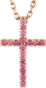 14K Gold Round Natural Pink Tourmaline Petite Cross Necklace or Pendant - Rose Gold
