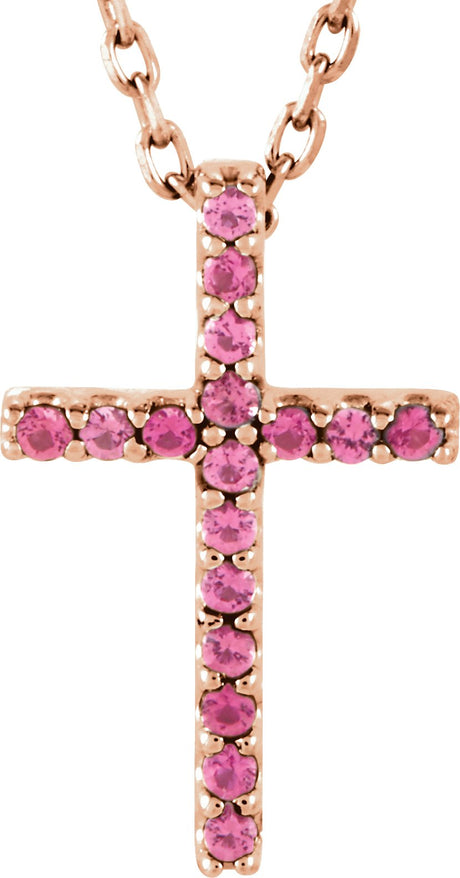 14K Gold Round Natural Pink Tourmaline Petite Cross Necklace or Pendant - Rose Gold
