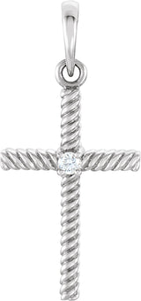 14K Gold Round Natural Diamond Rope Cross Pendant - White Gold
