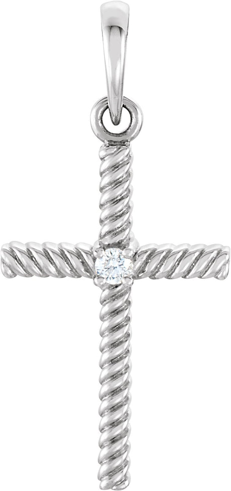 14K Gold Round Natural Diamond Rope Cross Pendant - White Gold