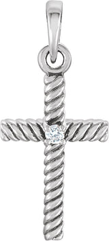 14K Gold Round Natural Diamond Rope Cross Pendant - White Gold