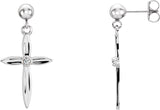 14K Gold Round Natural Diamond Cross & Ball Earrings II - White Gold