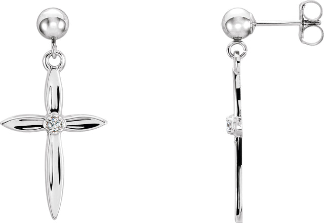 14K Gold Round Natural Diamond Cross & Ball Earrings II - White Gold