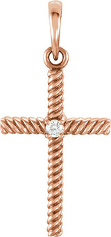 14K Gold Round Natural Diamond Rope Cross Pendant - Rose Gold