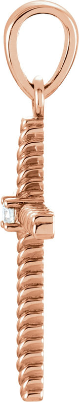 14K Gold Round Natural Diamond Rope Cross Pendant - Rose Gold - view 2