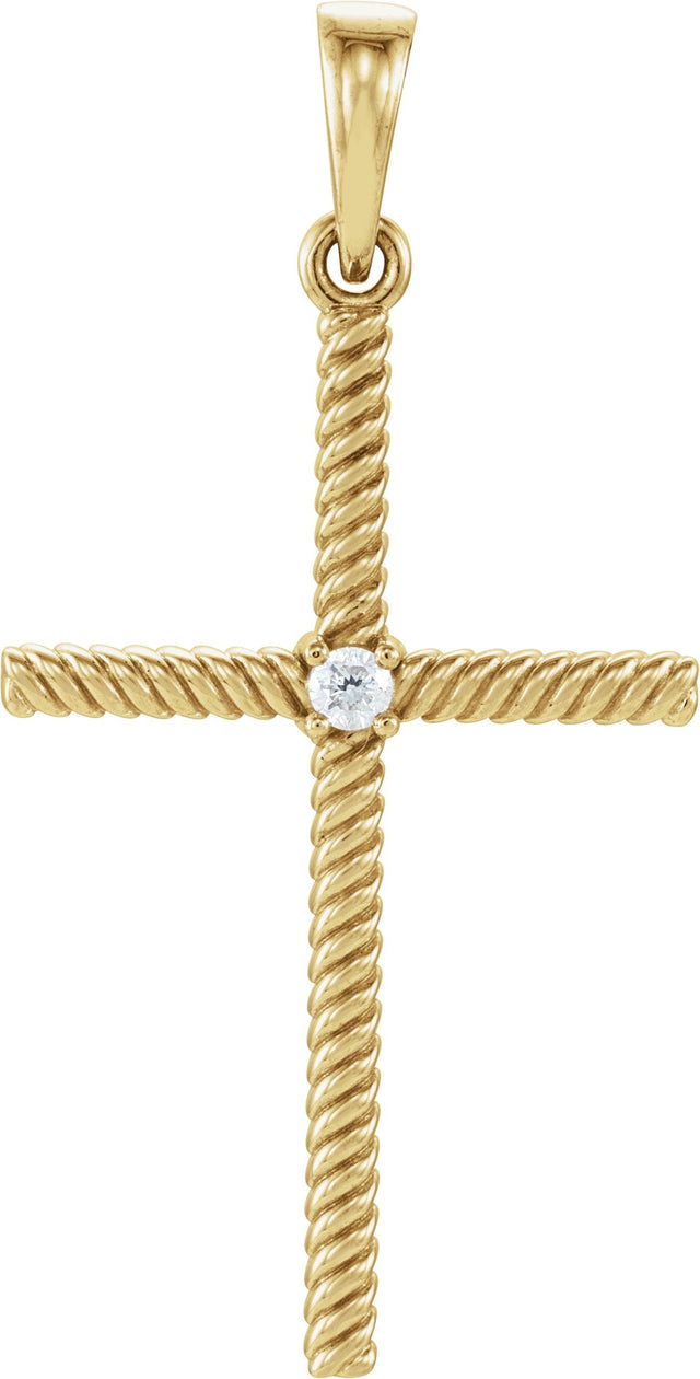 14K Gold Round Natural Diamond Rope Cross Pendant - Yellow Gold