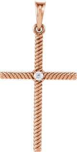 14K Gold Round Natural Diamond Rope Cross Pendant - Rose Gold