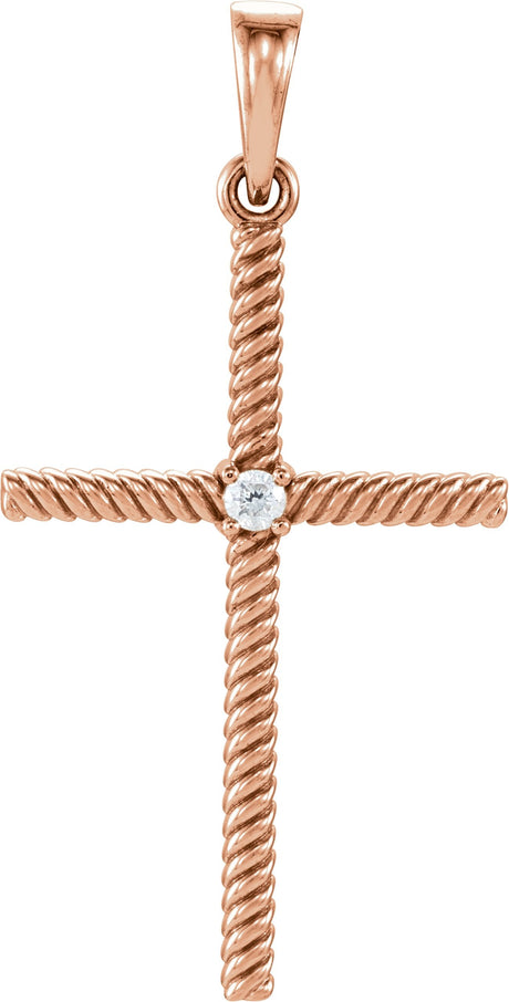 14K Gold Round Natural Diamond Rope Cross Pendant - Rose Gold
