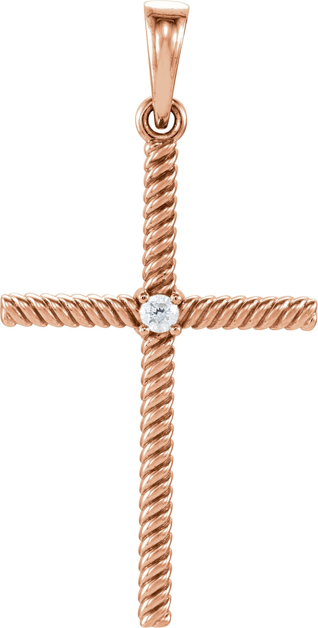 14K Gold Round Natural Diamond Rope Cross Pendant - Rose Gold