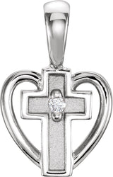 14K Gold Round Natural Diamond Heart & Cross Pendant - White Gold