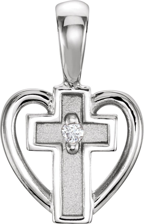 14K Gold Round Natural Diamond Heart & Cross Pendant - White Gold