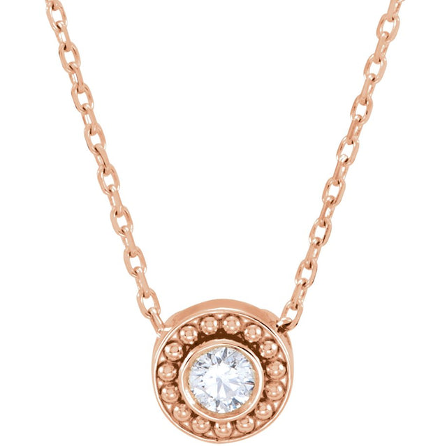 14K Gold Round Natural Diamond Beaded Bezel-Set Necklace - Rose Gold