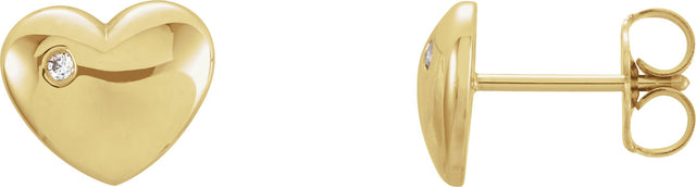 14K Gold Round Natural Diamond Puffed Heart Earrings - Yellow Gold